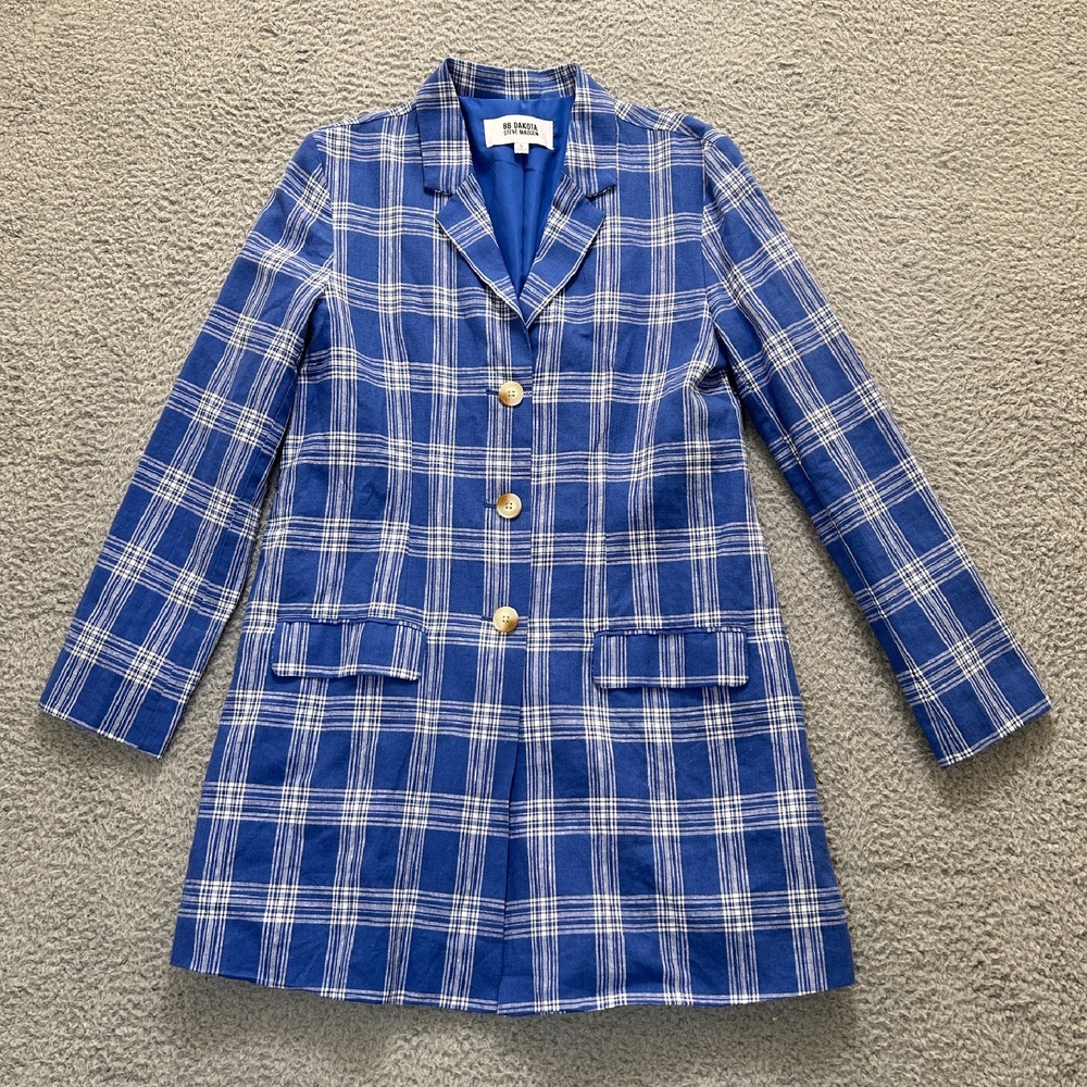 Bb Dakota Steve Madden Sweetheart Blazer Blue Ivory Plaid Womens Small Linen